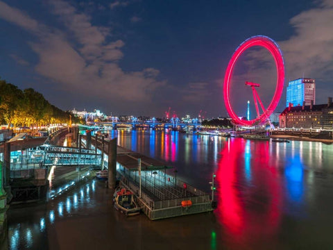 London city skyline with London Eye over river Thames, UK White Modern Wood Framed Art Print with Double Matting by Frank, Assaf