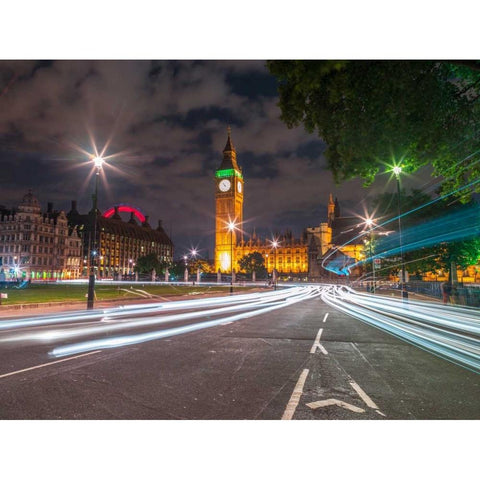Westminster Abby and Big Ben with strip lights, London, UK Black Modern Wood Framed Art Print with Double Matting by Frank, Assaf