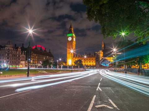 Westminster Abby and Big Ben with strip lights, London, UK White Modern Wood Framed Art Print with Double Matting by Frank, Assaf