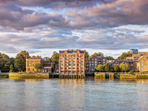 London skyline over river Thames, UK White Modern Wood Framed Art Print with Double Matting by Frank, Assaf