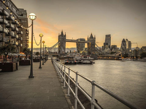 London Riverside Promenade with Tower bridge White Modern Wood Framed Art Print with Double Matting by Frank, Assaf