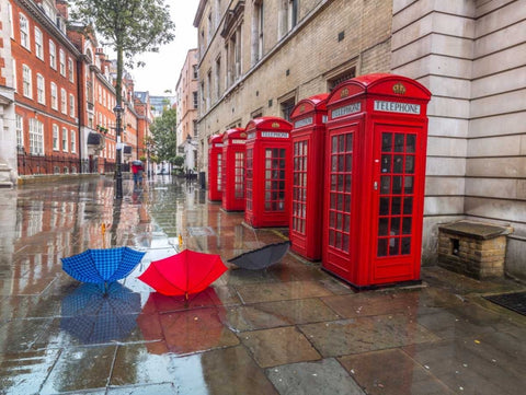 Telephone boxes with umbrellas Black Ornate Wood Framed Art Print with Double Matting by Frank, Assaf