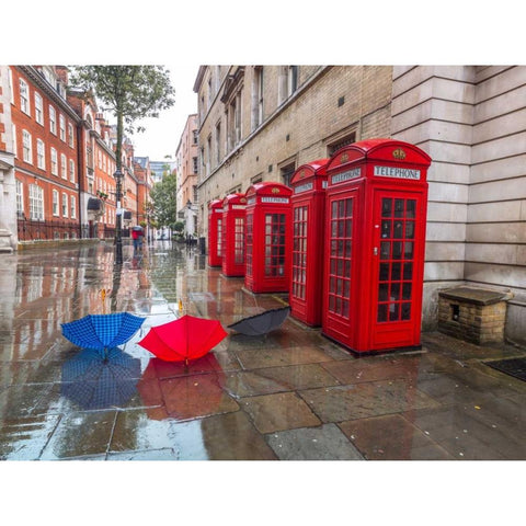 Telephone boxes with umbrellas Black Modern Wood Framed Art Print with Double Matting by Frank, Assaf