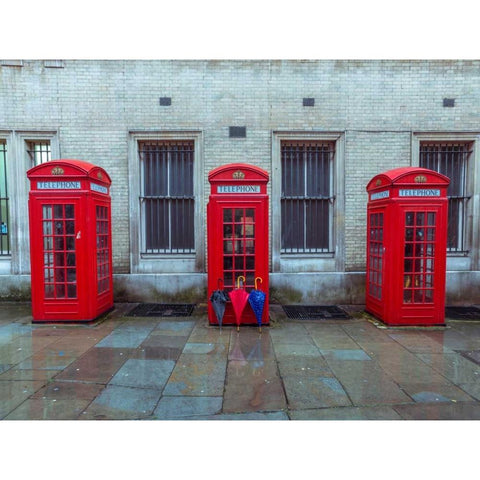 Telephone boxes with umbrellas Black Modern Wood Framed Art Print with Double Matting by Frank, Assaf