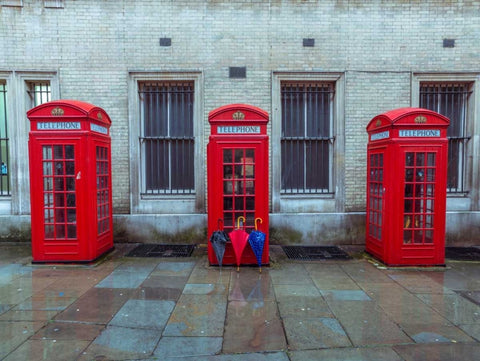 Telephone boxes with umbrellas White Modern Wood Framed Art Print with Double Matting by Frank, Assaf