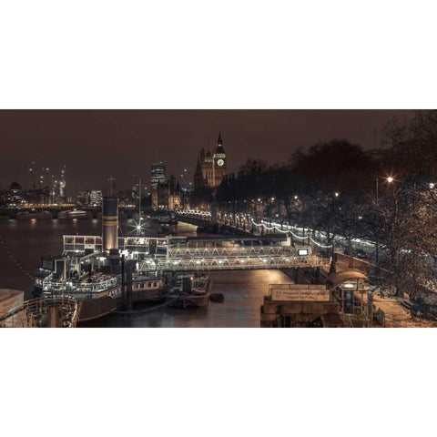 Evening view of London city, FTBR-1831 Black Modern Wood Framed Art Print with Double Matting by Frank, Assaf