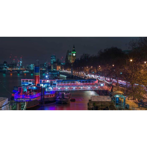 Evening view of London city Black Modern Wood Framed Art Print with Double Matting by Frank, Assaf