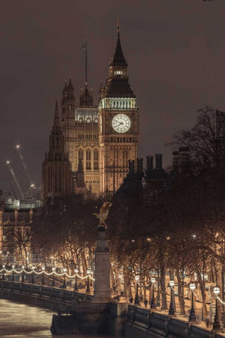 Evening view of Big Ben, London, UK, FTBR-1832 White Modern Wood Framed Art Print with Double Matting by Frank, Assaf