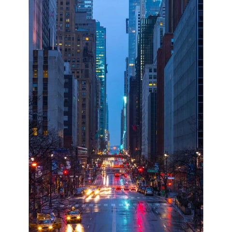 Evening view of streets of Manhattan, New York City Black Modern Wood Framed Art Print with Double Matting by Frank, Assaf