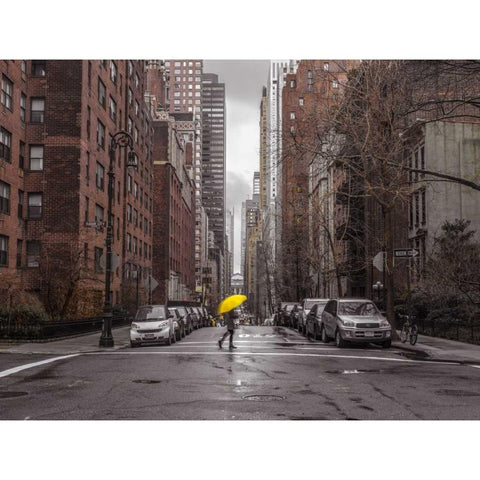 Tourist with yellow umbrella on street of Manhattan, New York Black Modern Wood Framed Art Print with Double Matting by Frank, Assaf