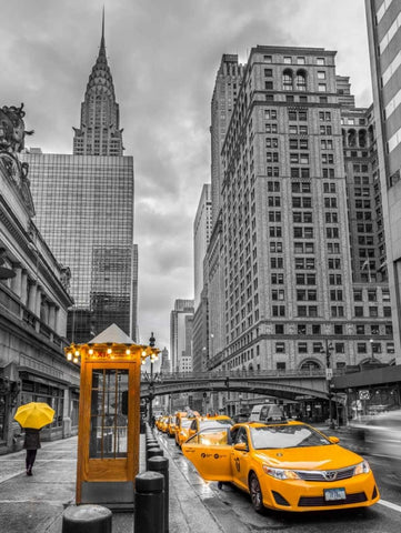 Cab on New York city street, FTBR-1840 White Modern Wood Framed Art Print with Double Matting by Frank, Assaf