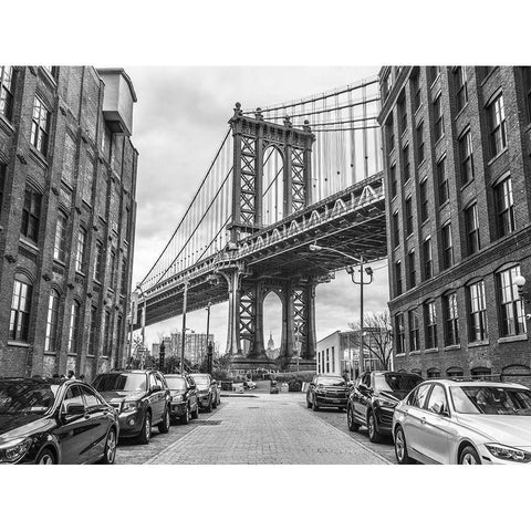 Manhattan bridge from a street-New York Gold Ornate Wood Framed Art Print with Double Matting by Frank, Assaf
