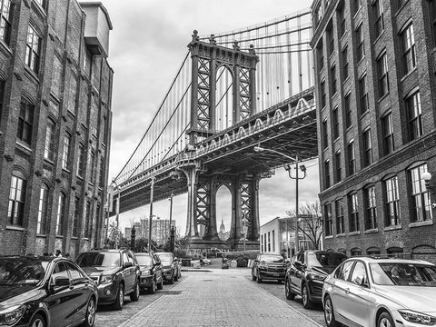 Manhattan bridge from a street-New York White Modern Wood Framed Art Print with Double Matting by Frank, Assaf