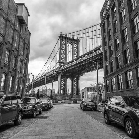Manhattan bridge from a street, New York Black Modern Wood Framed Art Print with Double Matting by Frank, Assaf