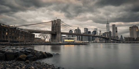 Brooklyn Bridge over East river, New York White Modern Wood Framed Art Print with Double Matting by Frank, Assaf