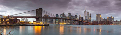 Brooklyn Bridge and Manhattan skyline, New York, FTBR-1835 White Modern Wood Framed Art Print with Double Matting by Frank, Assaf