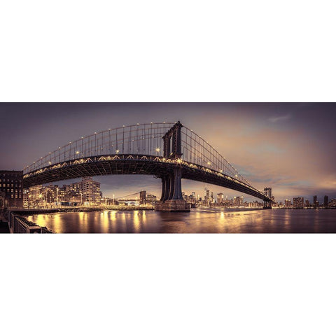 Manhattan bridge and New York city skyline, FTBR-1836 Black Modern Wood Framed Art Print with Double Matting by Frank, Assaf