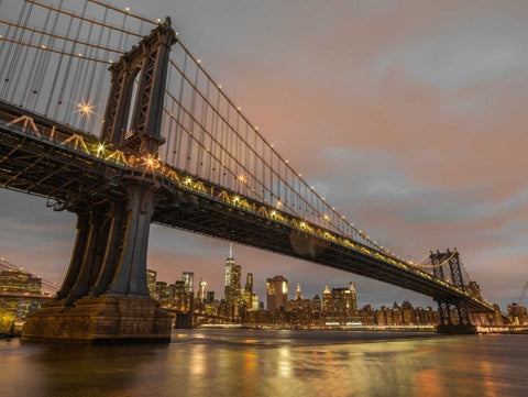 Manhattan bridge and New York city skyline White Modern Wood Framed Art Print with Double Matting by Frank, Assaf