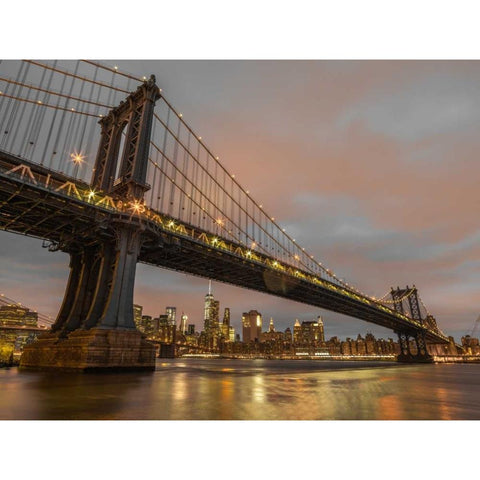 Manhattan bridge and New York city skyline Black Modern Wood Framed Art Print with Double Matting by Frank, Assaf