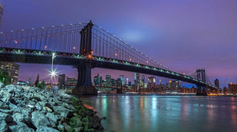 Manhattan bridge and New York city skyline, FTBR-1837 White Modern Wood Framed Art Print with Double Matting by Frank, Assaf
