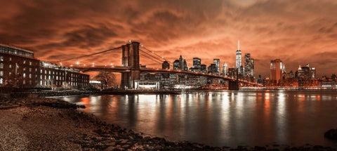 Brooklyn Bridge and Manhattan skyline, New York White Modern Wood Framed Art Print with Double Matting by Frank, Assaf