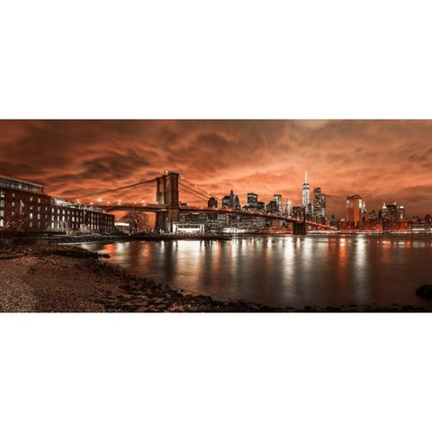 Brooklyn Bridge and Manhattan skyline, New York Black Modern Wood Framed Art Print with Double Matting by Frank, Assaf