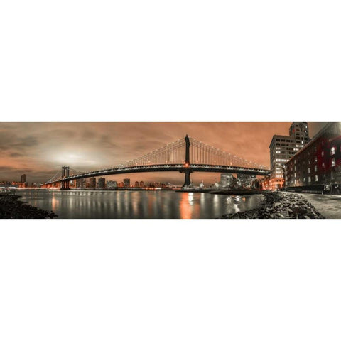 Manhattan bridge and New York city skyline Black Modern Wood Framed Art Print with Double Matting by Frank, Assaf