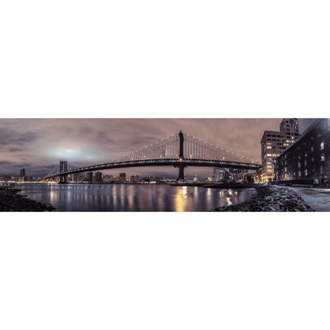 Manhattan bridge and New York city skyline Black Modern Wood Framed Art Print with Double Matting by Frank, Assaf