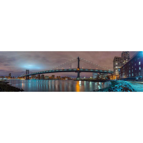 Manhattan bridge and New York city skyline Black Modern Wood Framed Art Print with Double Matting by Frank, Assaf