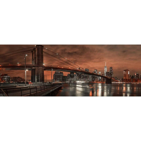 Brooklyn bridge over East river, New York Black Modern Wood Framed Art Print with Double Matting by Frank, Assaf