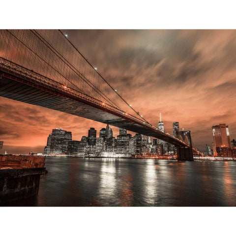 Brooklyn bridge over East river, New York Black Modern Wood Framed Art Print with Double Matting by Frank, Assaf