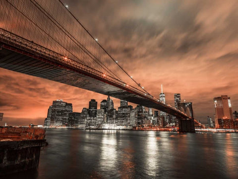 Brooklyn bridge over East river, New York Black Ornate Wood Framed Art Print with Double Matting by Frank, Assaf