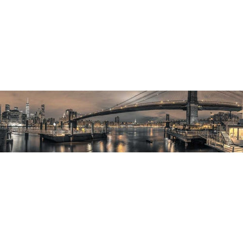 Brooklyn bridge over East river, New York Black Modern Wood Framed Art Print with Double Matting by Frank, Assaf
