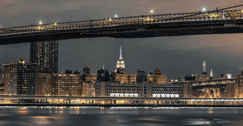 Evening view of Lower Manhattan skyline, New York White Modern Wood Framed Art Print with Double Matting by Frank, Assaf