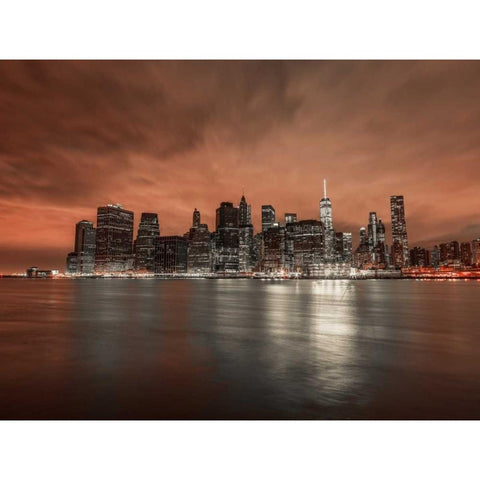 Lower Manhattan skyline in evening, New York Black Modern Wood Framed Art Print with Double Matting by Frank, Assaf