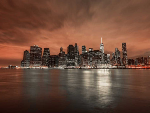 Lower Manhattan skyline in evening, New York White Modern Wood Framed Art Print with Double Matting by Frank, Assaf