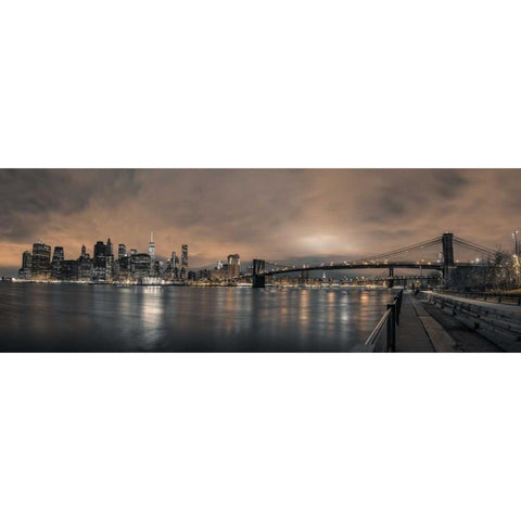 Lower Manhattan skyline in evening, New York Black Modern Wood Framed Art Print with Double Matting by Frank, Assaf