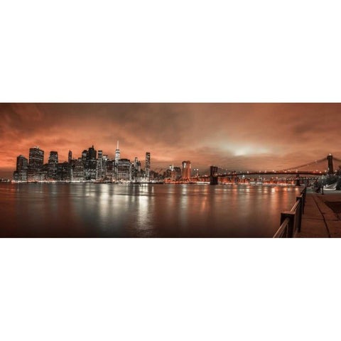 Lower Manhattan skyline in evening, New York Black Modern Wood Framed Art Print with Double Matting by Frank, Assaf