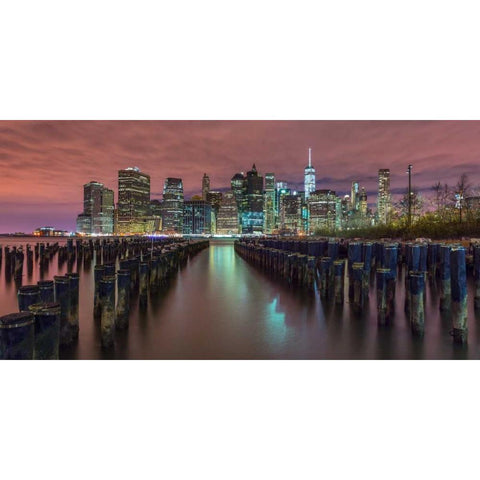 Manhattan skyline with rows of groynes in foreground, New York Black Modern Wood Framed Art Print with Double Matting by Frank, Assaf