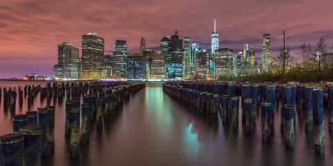 Manhattan skyline with rows of groynes in foreground, New York White Modern Wood Framed Art Print with Double Matting by Frank, Assaf