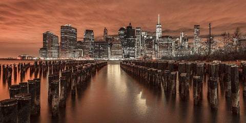 Manhattan skyline with groynes Black Ornate Wood Framed Art Print with Double Matting by Frank, Assaf