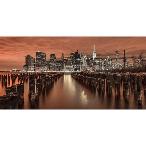 Manhattan skyline with groynes Black Modern Wood Framed Art Print with Double Matting by Frank, Assaf