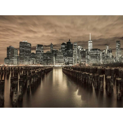 Manhattan skyline with rows of groynes in foreground, New York Black Modern Wood Framed Art Print with Double Matting by Frank, Assaf