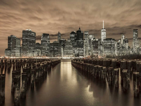 Manhattan skyline with rows of groynes in foreground, New York White Modern Wood Framed Art Print with Double Matting by Frank, Assaf