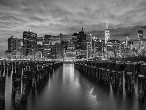 Manhattan skyline with rows of groynes in foreground, New York Black Ornate Wood Framed Art Print with Double Matting by Frank, Assaf