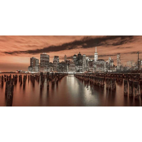 Manhattan skyline with rows of groynes in foreground, New York Black Modern Wood Framed Art Print with Double Matting by Frank, Assaf