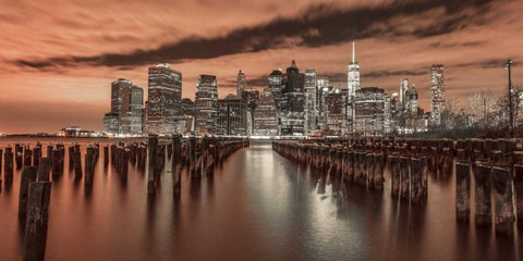 Manhattan skyline with rows of groynes in foreground, New York White Modern Wood Framed Art Print with Double Matting by Frank, Assaf