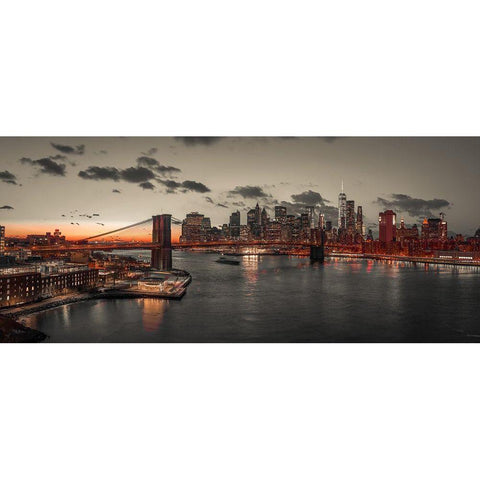 Evening view of Lower Manhattan sky-skyline with Brooklyn bridge over East river, New York, FTBR-190 White Modern Wood Framed Art Print by Frank, Assaf