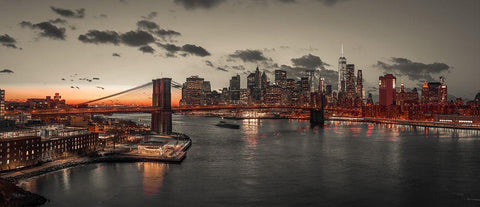 Evening view of Lower Manhattan sky-skyline with Brooklyn bridge over East river, New York, FTBR-190 White Modern Wood Framed Art Print with Double Matting by Frank, Assaf