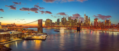 Evening view of Lower Manhattan skyline with Brooklyn bridge over East river, New York Black Modern Wood Framed Art Print by Frank, Assaf